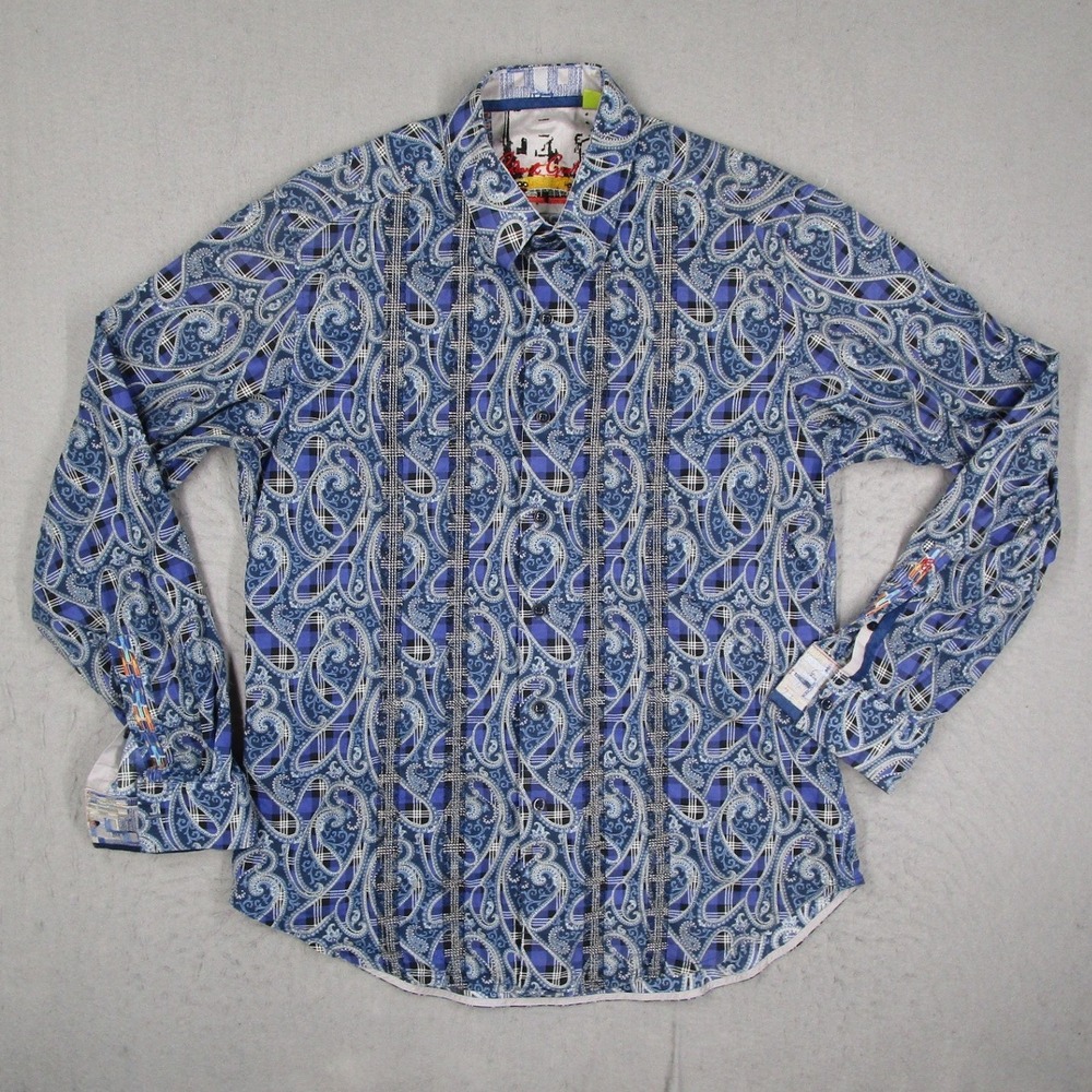 Robert Graham Mens Classic Fit Blue Paisley Plaid Button Down Shirt Size M